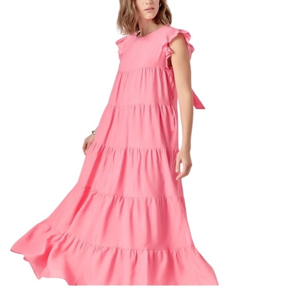 English Factory Coral Pink Tiered Maxi Dress Ruffle Sleeve Tie‎ Back Pockets M